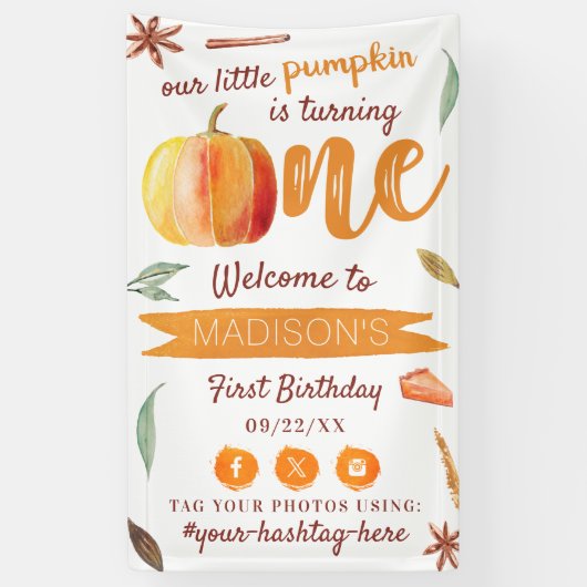 Little Pumpkin Herfst 1st Birthday Party Welkom Spandoek (Verticaal)