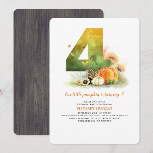 Little Pumpkin Herfst 4th Verjaardagsfeestuitnodig Kaart (Voorkant / Achterkant)