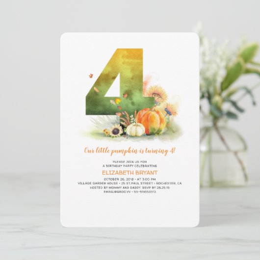 Little Pumpkin Herfst 4th Verjaardagsfeestuitnodig Kaart (Staand voorkant)