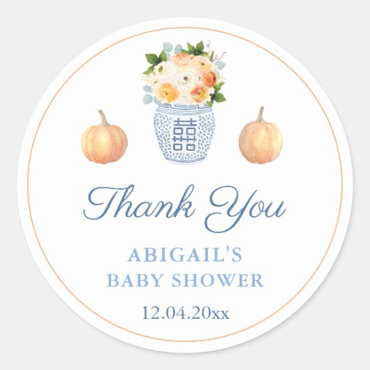 Little Pumpkin Herfst Baby shower Douche gunst Ronde Sticker (Voorkant)