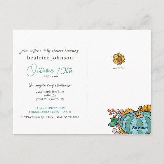 Little Pumpkin Herfst Baby shower Invitation Briefkaart (Achterkant)