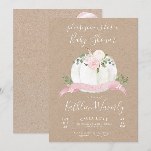 Little Pumpkin Herfst Baby shower Invitation Girl Kaart (Voorkant / Achterkant)