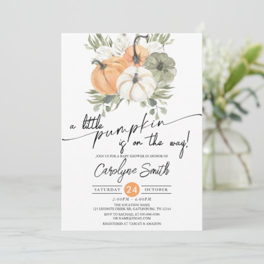 Little Pumpkin Herfst Baby shower Invitation Kaart (Staand voorkant)