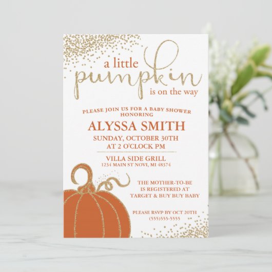 Little Pumpkin Herfst Baby shower Invitation Kaart (Staand voorkant)