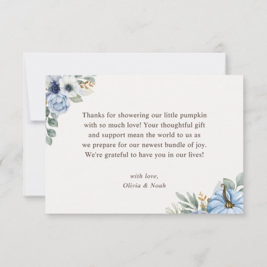 Little Pumpkin Herfst Blue Floral Boy Baby shower Bedankkaart (Achterkant)