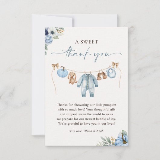 Little Pumpkin Herfst Blue Floral Boy Baby shower Bedankkaart (Voorkant)