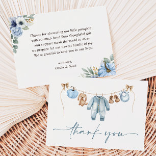Little Pumpkin Herfst Blue Floral Boy Baby shower Bedankkaart