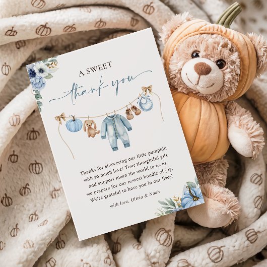 Little Pumpkin Herfst Blue Floral Boy Baby shower Bedankkaart