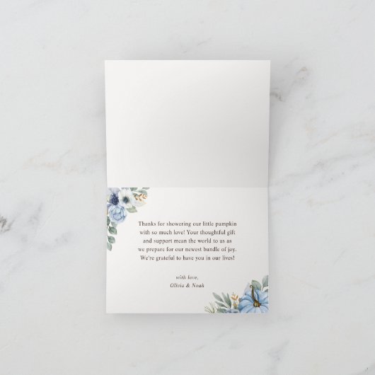 Little Pumpkin Herfst Blue Floral Boy Baby shower Bedankkaart (Binnen)