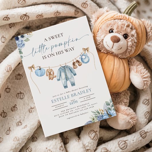 Little Pumpkin Herfst Blue Floral Boy Baby shower Kaart