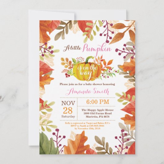 Little Pumpkin Herfst Girl Baby shower Invitation Kaart (Voorkant)
