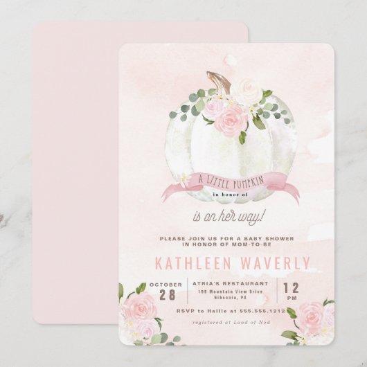 Little Pumpkin Herfst Pink Baby shower Invitation Kaart (Voorkant / Achterkant)