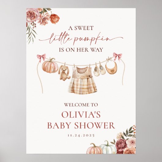 Little Pumpkin Herfst Pink Girl Baby shower Welkom Poster (Voorkant)