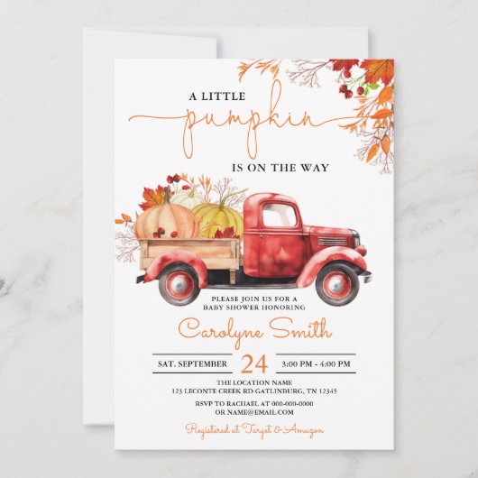 Little Pumpkin Herfst Red Truck Baby shower Kaart (Voorkant)