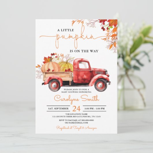 Little Pumpkin Herfst Red Truck Baby shower Kaart (Staand voorkant)