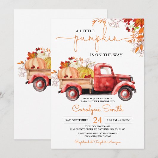 Little Pumpkin Herfst Red Truck Baby shower Kaart (Voorkant / Achterkant)