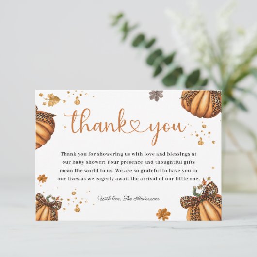 Little Pumpkin Herfst Retro Leopard Bow Baby showe Bedankkaart (Staand voorkant)