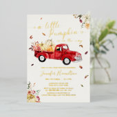 Little Pumpkin Herfst Rood Truck Baby shower Folie Uitnodiging (Staand Voorkant)