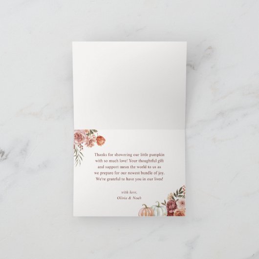 Little Pumpkin Herfst Roze Bloemen Meisje Baby sho Bedankkaart (Binnen)