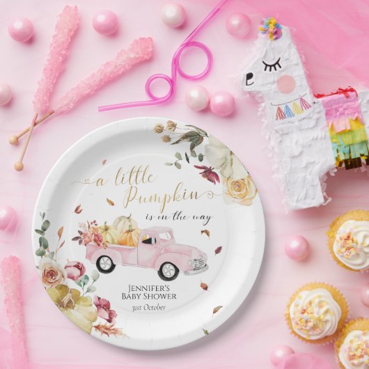 Little Pumpkin Herfst Roze  Truck Baby shower Papieren Bordje (Feest)