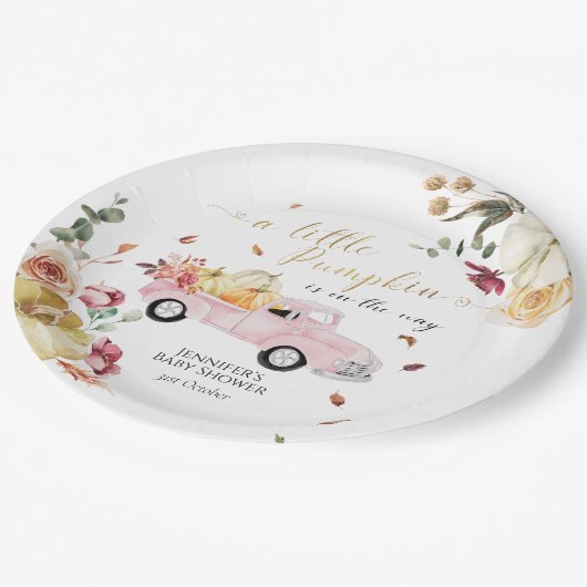 Little Pumpkin Herfst Roze  Truck Baby shower Papieren Bordje (Gekanteld)