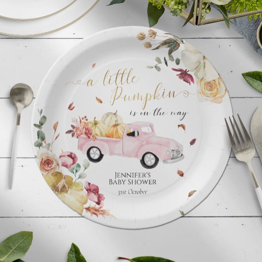 Little Pumpkin Herfst Roze  Truck Baby shower Papieren Bordje