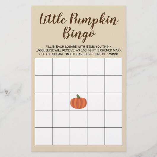 Little Pumpkin Herfst Tan Baby shower Bingo Kaart (Voorkant)