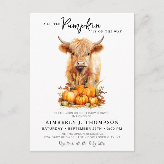 Little Pumpkin Highland Koe Baby shower Invitation Briefkaart (Voorkant)