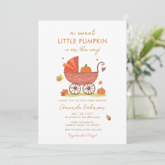 Little Pumpkin is op de weg Baby shower Kaart (Staand voorkant)