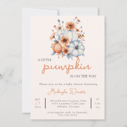 Little Pumpkin is op de weg bewerkbaar Baby shower Kaart (Voorkant)