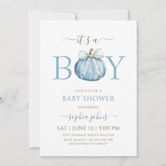 Little Pumpkin is op de weg Blue Bow baby shower Kaart (Voorkant)