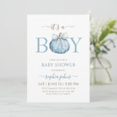 Little Pumpkin is op de weg Blue Bow baby shower Kaart (Staand voorkant)
