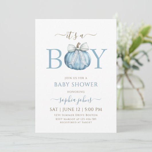 Little Pumpkin is op de weg Blue Bow baby shower Kaart (Staand voorkant)
