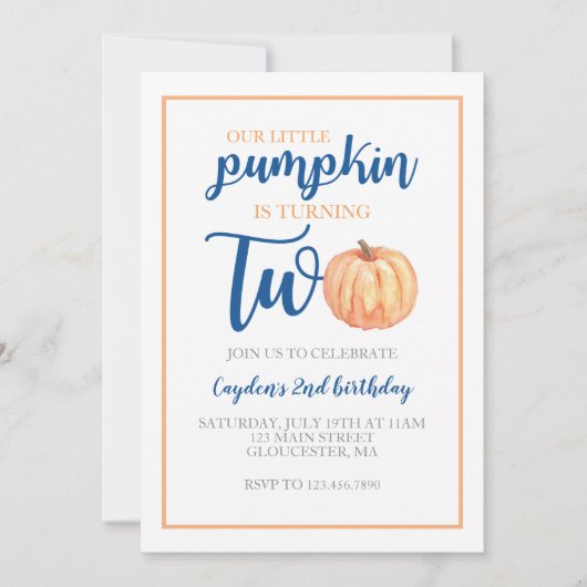 Little Pumpkin is twee blauwe Herfst tweede verjaa Kaart (Voorkant)