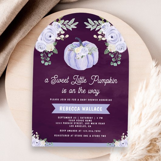 Little Pumpkin Lavender Roos Arch Plum Baby shower Kaart