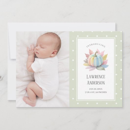 Little Pumpkin Light Sage Green 2 Foto Geboorte Aankondiging (Voorkant)