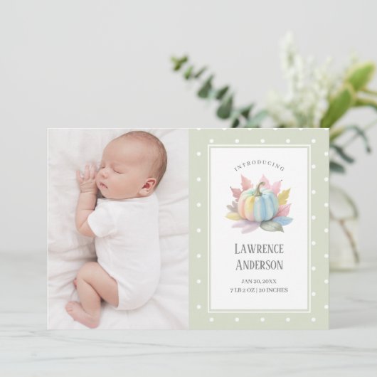 Little Pumpkin Light Sage Green 2 Foto Geboorte Aankondiging (Staand voorkant)