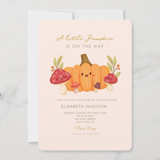 Little Pumpkin Mushroom Baby shower Invitation Kaart (Voorkant)