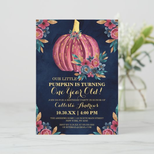 Little Pumpkin Navy Floral Waterverf 1e verjaardag Kaart (Staand voorkant)