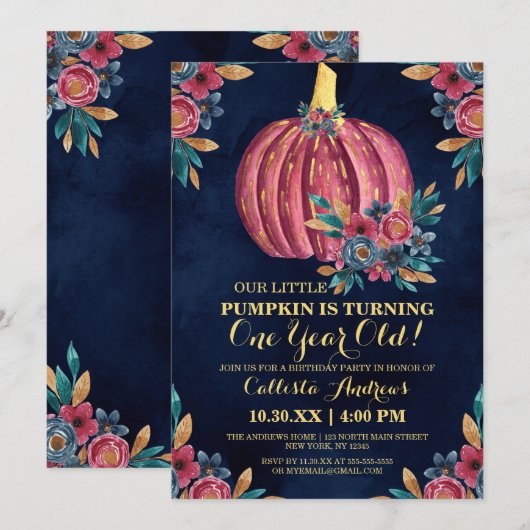 Little Pumpkin Navy Floral Waterverf 1e verjaardag Kaart (Voorkant / Achterkant)