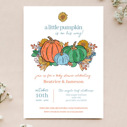 Little Pumpkin On The Way Boy Baby shower Kaart