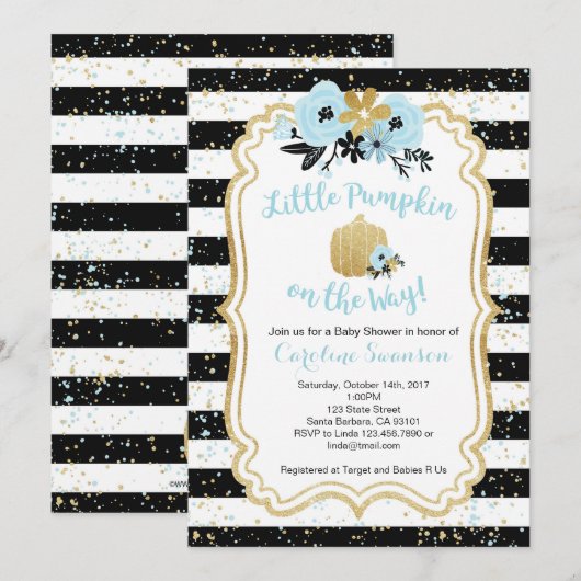 Little Pumpkin on Way - Blue and Gold-Boy Kaart (Voorkant / Achterkant)