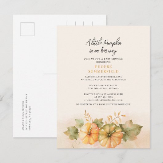 Little Pumpkin On-Way Herfst Baby shower Uitnodiging Briefkaart (Voorkant / Achterkant)