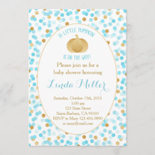 Little Pumpkin on Way Invitation Blue Gold Kaart
