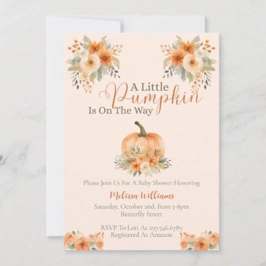 Little Pumpkin Orange Floral Fall Baby Shower  Kaart (Voorkant)