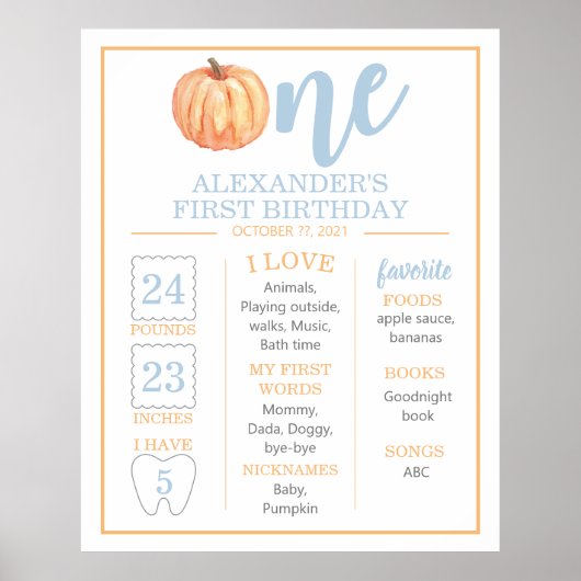 Little Pumpkin pastel blauw 1ST Birthday Milestone Poster (Voorkant)