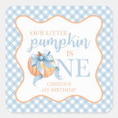 Little Pumpkin pastel blauwe boog plaid 1e verjaar Vierkante Sticker (Voorkant)
