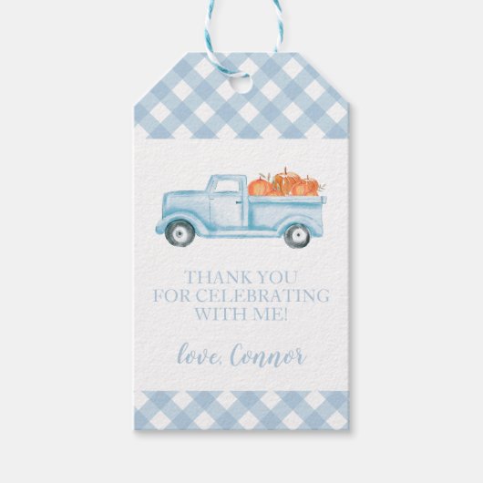 Little Pumpkin pastel blauwe truck eerste verjaard Cadeaulabel (Voorkant)