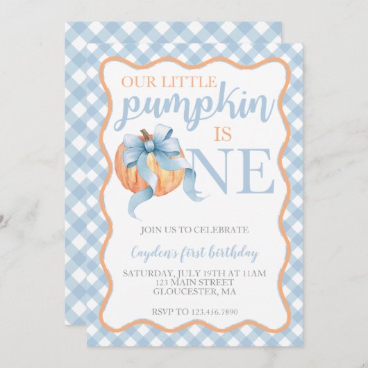 Little Pumpkin Pastel Blue Bow herfst 1e verjaarda Kaart (Voorkant / Achterkant)