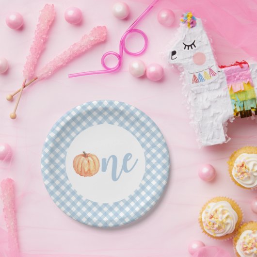 Little Pumpkin pastel blue plaid eerste verjaardag Papieren Bordje (Feest)